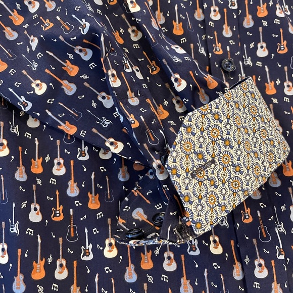 Johnston & Murphy Navy Guitar Print Casual Shirt - Picture 5 of 6